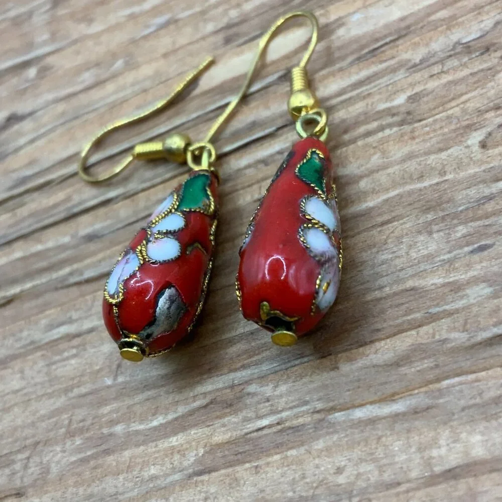 Cloisonne Vintage Red Teardrop Gold Tone Floral Dangling Earrings